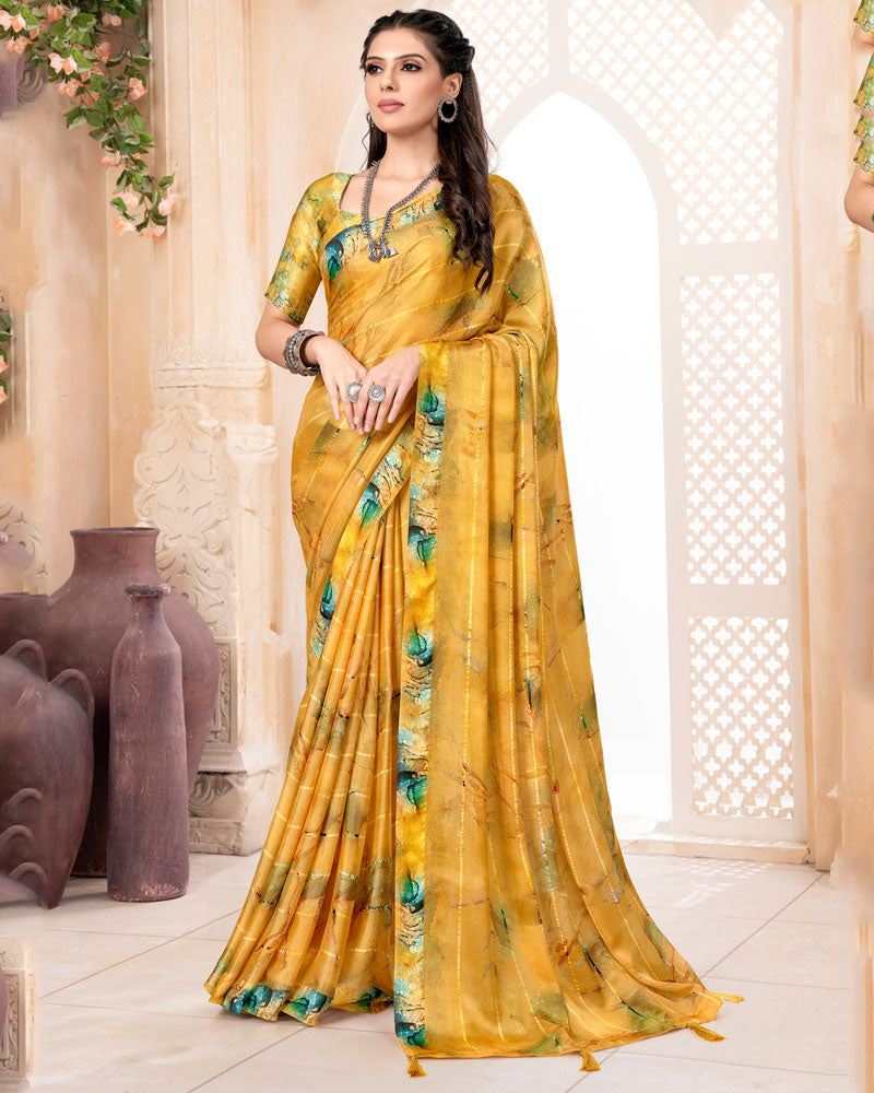 Vishal Prints Mustard Digital Print Patterned Brasso Saree With Weaved Satin Border