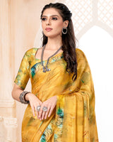 Vishal Prints Mustard Digital Print Patterned Brasso Saree With Weaved Satin Border