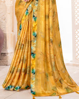 Vishal Prints Mustard Digital Print Patterned Brasso Saree With Weaved Satin Border