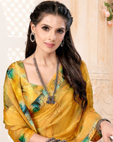 Vishal Prints Mustard Digital Print Patterned Brasso Saree With Weaved Satin Border
