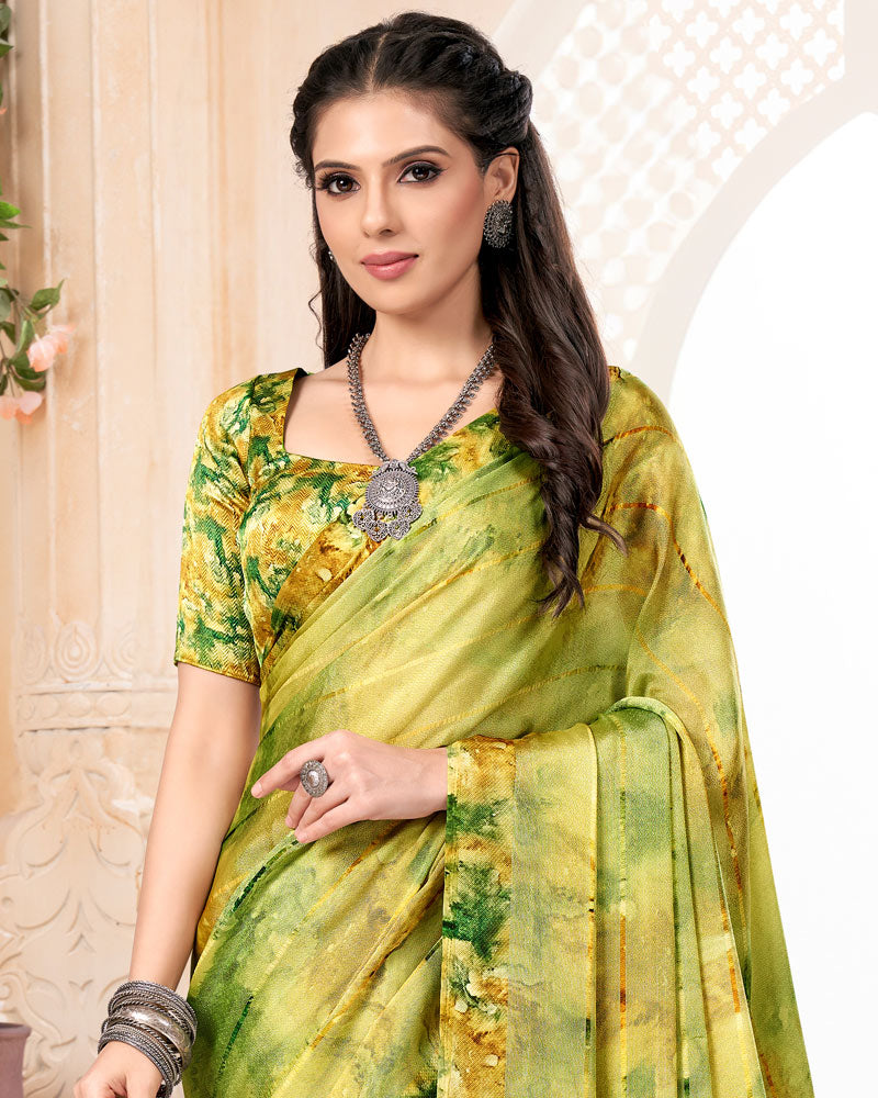 Vishal Prints Lime Yellow Digital Print Patterned Brasso Saree With Weaved Satin Border