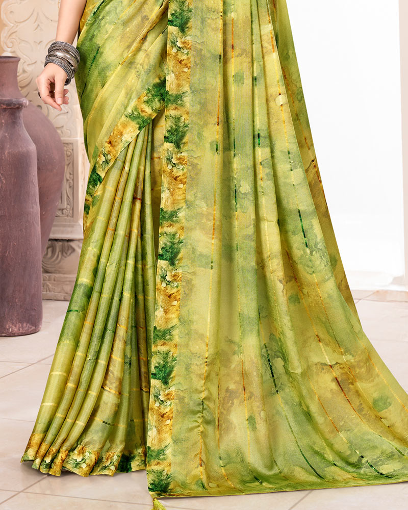 Vishal Prints Lime Yellow Digital Print Patterned Brasso Saree With Weaved Satin Border