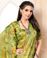 Vishal Prints Lime Yellow Digital Print Patterned Brasso Saree With Weaved Satin Border