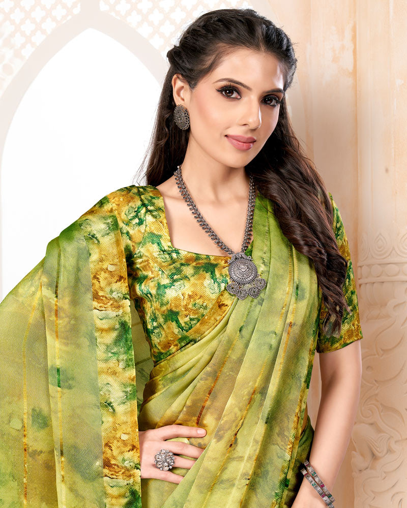 Vishal Prints Lime Yellow Digital Print Patterned Brasso Saree With Weaved Satin Border