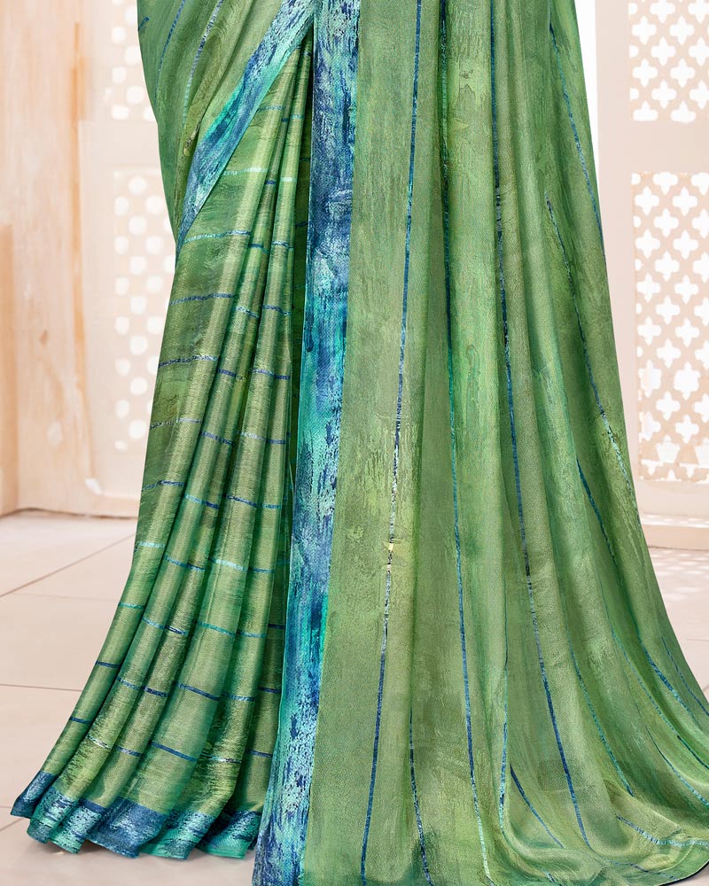 Vishal Prints Sage Green Digital Print Patterned Brasso Saree With Weaved Satin Border