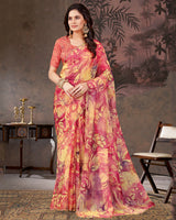 Vishal Prints Pastel Red And Light Yellow Designer Chiffon-Satin Digital Print Saree With Diamond Work And Cut Work Border