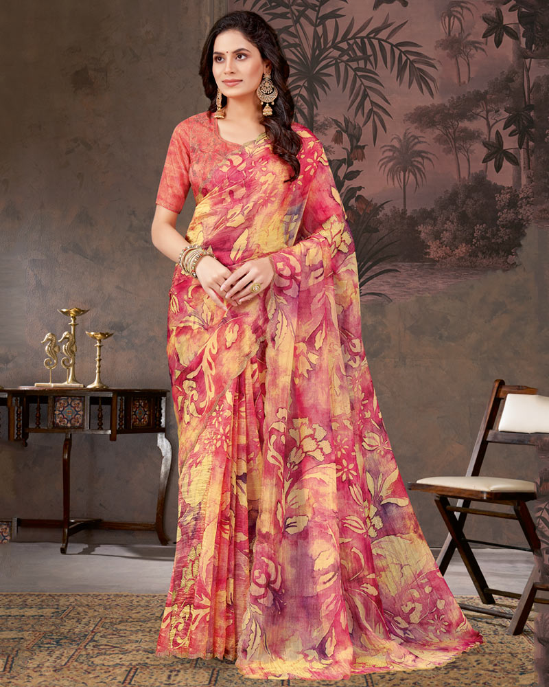 Vishal Prints Pastel Red And Light Yellow Designer Chiffon-Satin Digital Print Saree With Diamond Work And Cut Work Border