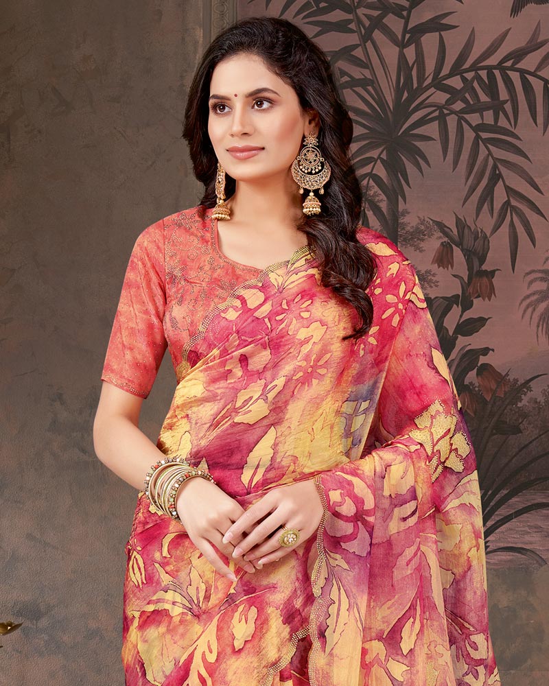 Vishal Prints Pastel Red And Light Yellow Designer Chiffon-Satin Digital Print Saree With Diamond Work And Cut Work Border