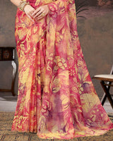 Vishal Prints Pastel Red And Light Yellow Designer Chiffon-Satin Digital Print Saree With Diamond Work And Cut Work Border