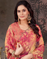 Vishal Prints Pastel Red And Light Yellow Designer Chiffon-Satin Digital Print Saree With Diamond Work And Cut Work Border