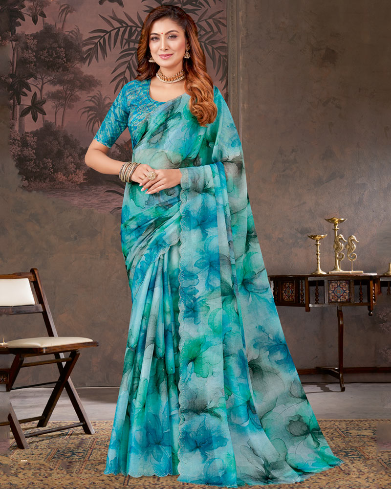 Vishal Prints Bondi Blue And Persian Green Designer Fancy Chiffon Digital Print Saree With Diamond Work And Cut Work Border