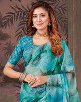 Vishal Prints Bondi Blue And Persian Green Designer Fancy Chiffon Digital Print Saree With Diamond Work And Cut Work Border