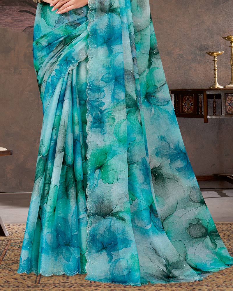 Vishal Prints Bondi Blue And Persian Green Designer Fancy Chiffon Digital Print Saree With Diamond Work And Cut Work Border
