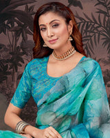 Vishal Prints Bondi Blue And Persian Green Designer Fancy Chiffon Digital Print Saree With Diamond Work And Cut Work Border