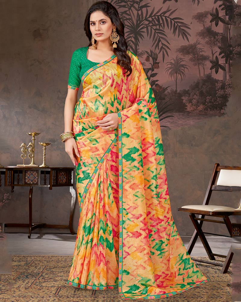 Vishal Prints Peachy Orange And Jade Green Designer Fancy Chiffon Digital Print Saree With Diamond Work And Fancy Border