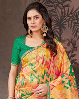 Vishal Prints Peachy Orange And Jade Green Designer Fancy Chiffon Digital Print Saree With Diamond Work And Fancy Border