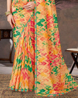 Vishal Prints Peachy Orange And Jade Green Designer Fancy Chiffon Digital Print Saree With Diamond Work And Fancy Border