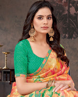 Vishal Prints Peachy Orange And Jade Green Designer Fancy Chiffon Digital Print Saree With Diamond Work And Fancy Border