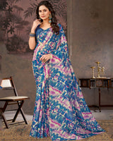 Vishal Prints Venice Blue And Light Plum Designer Crushed Chiffon Digital Print Saree With Diamond Work And Cut Work Border
