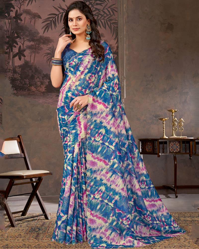 Vishal Prints Venice Blue And Light Plum Designer Crushed Chiffon Digital Print Saree With Diamond Work And Cut Work Border