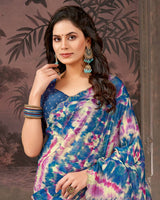 Vishal Prints Venice Blue And Light Plum Designer Crushed Chiffon Digital Print Saree With Diamond Work And Cut Work Border
