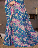 Vishal Prints Venice Blue And Light Plum Designer Crushed Chiffon Digital Print Saree With Diamond Work And Cut Work Border