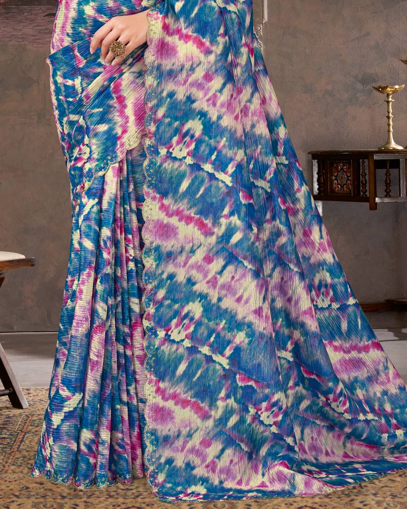 Vishal Prints Venice Blue And Light Plum Designer Crushed Chiffon Digital Print Saree With Diamond Work And Cut Work Border