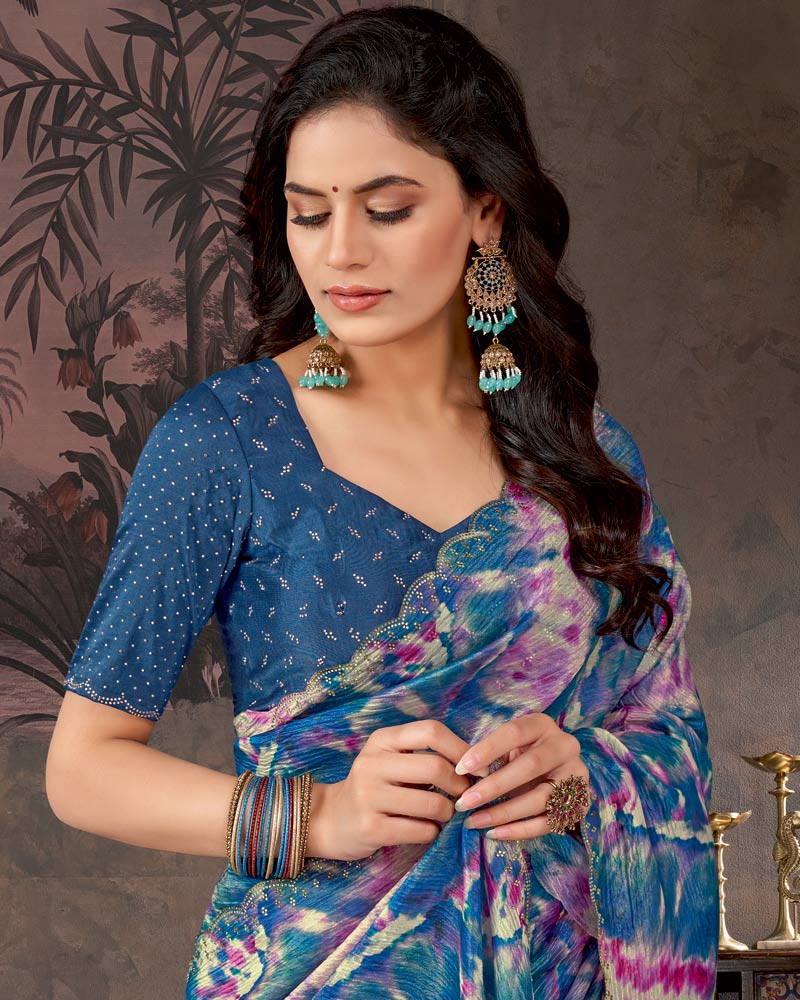 Vishal Prints Venice Blue And Light Plum Designer Crushed Chiffon Digital Print Saree With Diamond Work And Cut Work Border