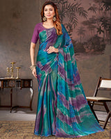 Vishal Prints Purple And Dark Aqua Green Designer Chiffon-Satin Digital Print Saree With Diamond Work And Cut Work Border