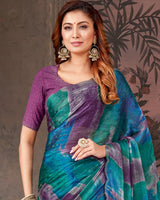 Vishal Prints Purple And Dark Aqua Green Designer Chiffon-Satin Digital Print Saree With Diamond Work And Cut Work Border
