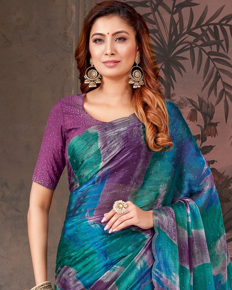 Vishal Prints Purple And Dark Aqua Green Designer Chiffon-Satin Digital Print Saree With Diamond Work And Cut Work Border