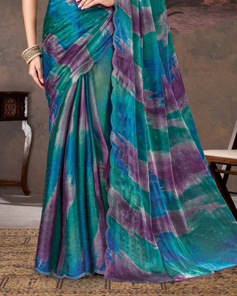 Vishal Prints Purple And Dark Aqua Green Designer Chiffon-Satin Digital Print Saree With Diamond Work And Cut Work Border