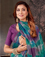 Vishal Prints Purple And Dark Aqua Green Designer Chiffon-Satin Digital Print Saree With Diamond Work And Cut Work Border