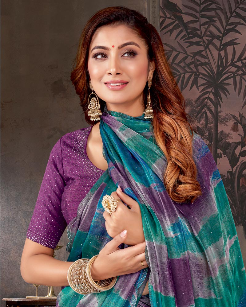 Vishal Prints Purple And Dark Aqua Green Designer Chiffon-Satin Digital Print Saree With Diamond Work And Cut Work Border