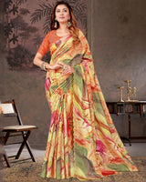 Vishal Prints Light Yellow And Khaki Green Designer Fancy Chiffon Digital Print Saree With Diamond Work And Cut Work Border