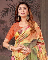 Vishal Prints Light Yellow And Khaki Green Designer Fancy Chiffon Digital Print Saree With Diamond Work And Cut Work Border