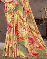 Vishal Prints Light Yellow And Khaki Green Designer Fancy Chiffon Digital Print Saree With Diamond Work And Cut Work Border