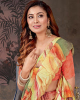 Vishal Prints Light Yellow And Khaki Green Designer Fancy Chiffon Digital Print Saree With Diamond Work And Cut Work Border