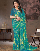 Vishal Prints Teal Green And Venice Blue Designer Chiffon-Satin Digital Print Saree With Diamond Work And Cut Work Border
