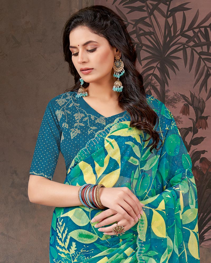 Vishal Prints Teal Green And Venice Blue Designer Chiffon-Satin Digital Print Saree With Diamond Work And Cut Work Border