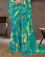 Vishal Prints Teal Green And Venice Blue Designer Chiffon-Satin Digital Print Saree With Diamond Work And Cut Work Border