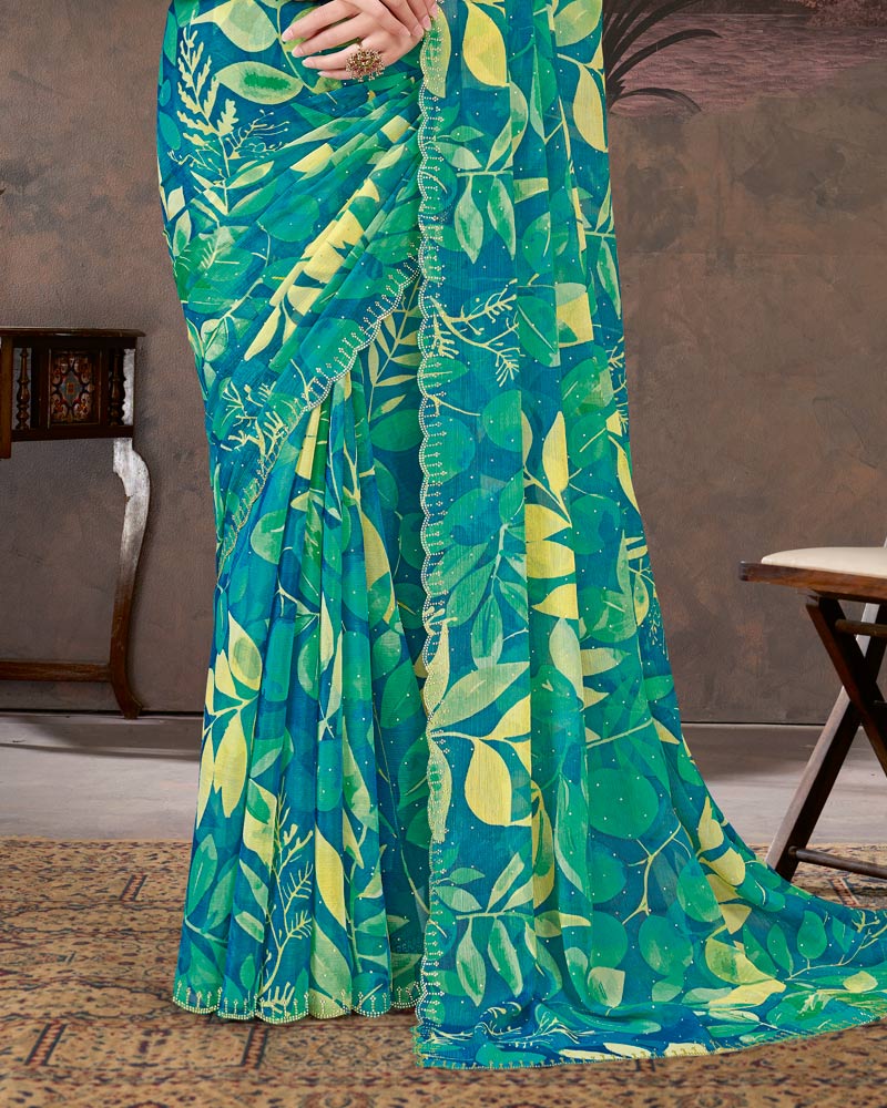 Vishal Prints Teal Green And Venice Blue Designer Chiffon-Satin Digital Print Saree With Diamond Work And Cut Work Border