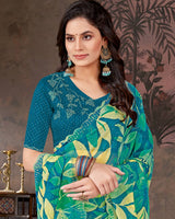 Vishal Prints Teal Green And Venice Blue Designer Chiffon-Satin Digital Print Saree With Diamond Work And Cut Work Border