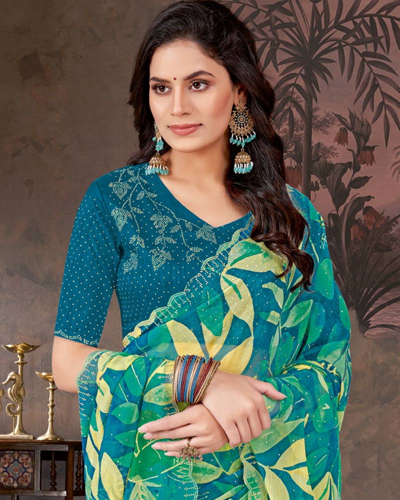Vishal Prints Teal Green And Venice Blue Designer Chiffon-Satin Digital Print Saree With Diamond Work And Cut Work Border
