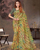 Vishal Prints Pale Olive Green Designer Fancy Chiffon Digital Print Saree With Diamond Work