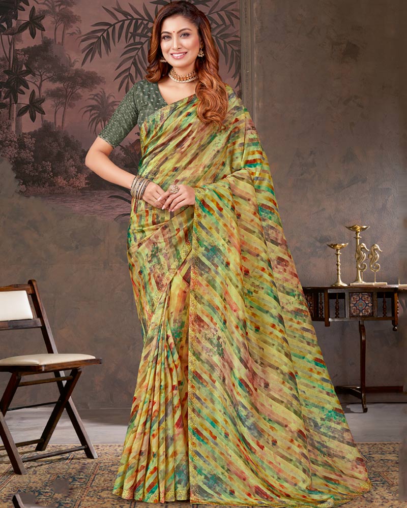 Vishal Prints Pale Olive Green Designer Fancy Chiffon Digital Print Saree With Diamond Work