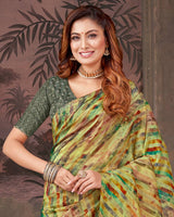 Vishal Prints Pale Olive Green Designer Fancy Chiffon Digital Print Saree With Diamond Work