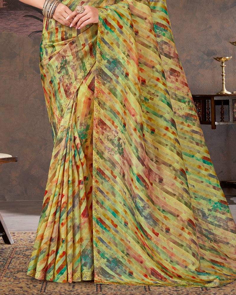 Vishal Prints Pale Olive Green Designer Fancy Chiffon Digital Print Saree With Diamond Work