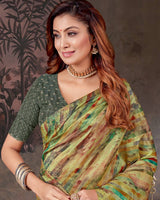 Vishal Prints Pale Olive Green Designer Fancy Chiffon Digital Print Saree With Diamond Work