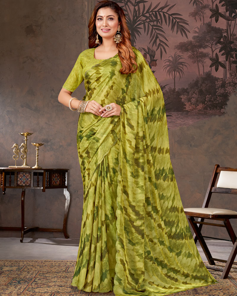Vishal Prints Light Olive Yellow Designer Chiffon-Satin Digital Print Saree With Diamond Work And Cut Work Border
